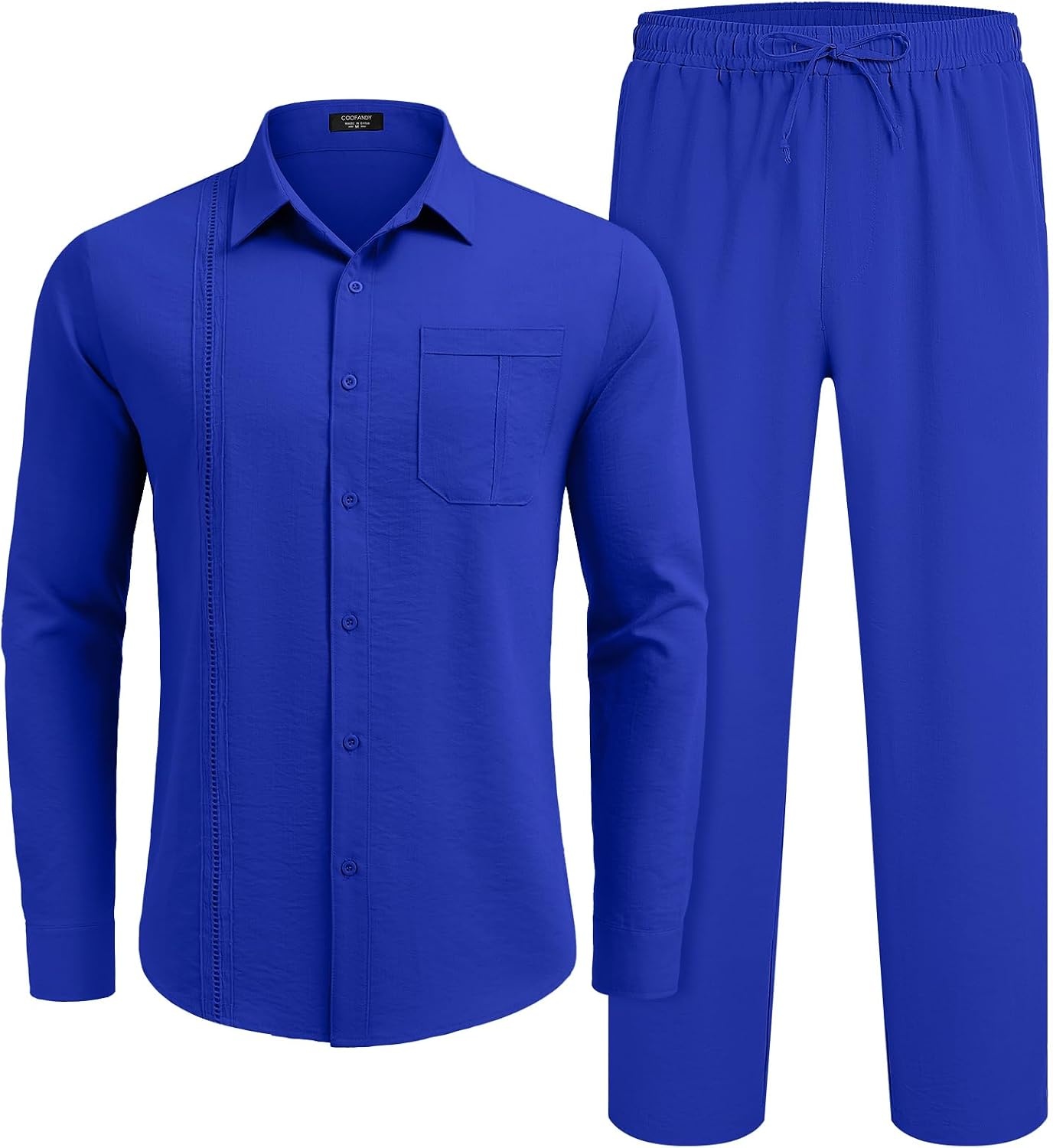 image:imageCOOFANDY Mens 2 Piece Outfits Long Sleeve Button Down Cuban Shirt and Pants Set Summer Beach SetsRoyal Blue