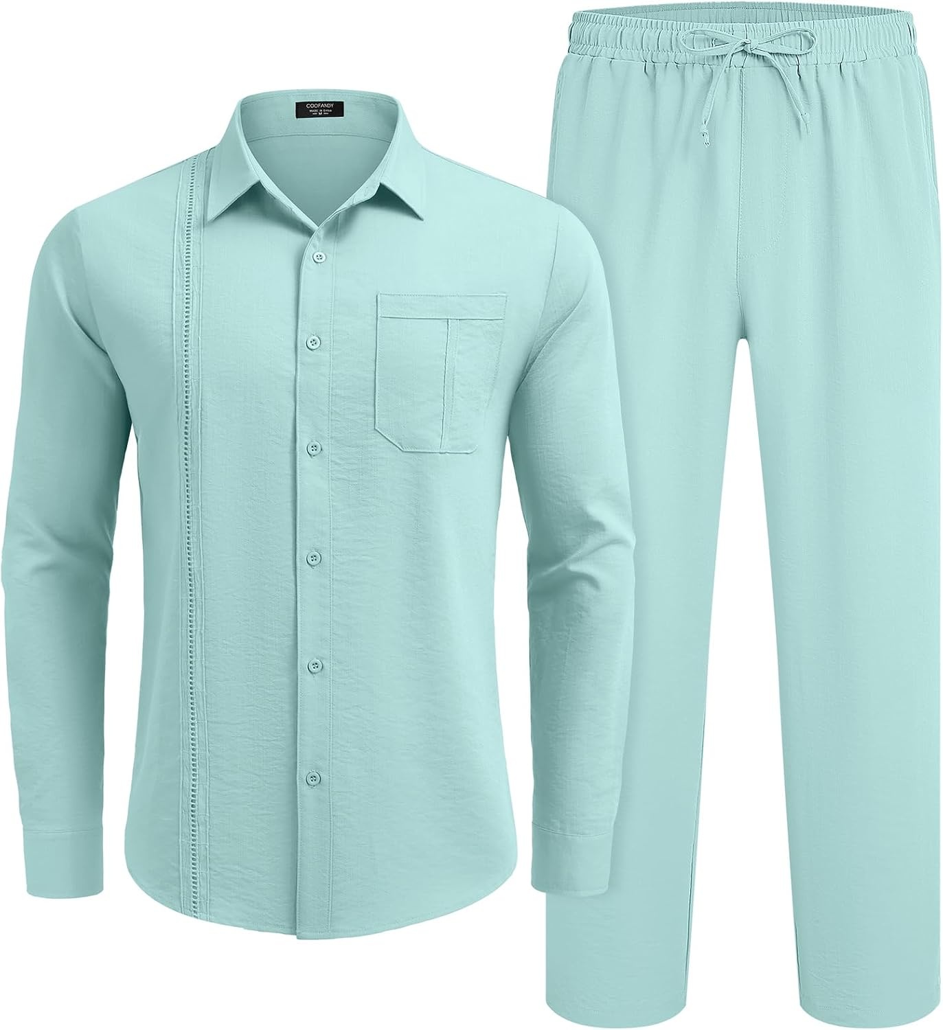 image:imageCOOFANDY Mens 2 Piece Outfits Long Sleeve Button Down Cuban Shirt and Pants Set Summer Beach SetsSky Blue