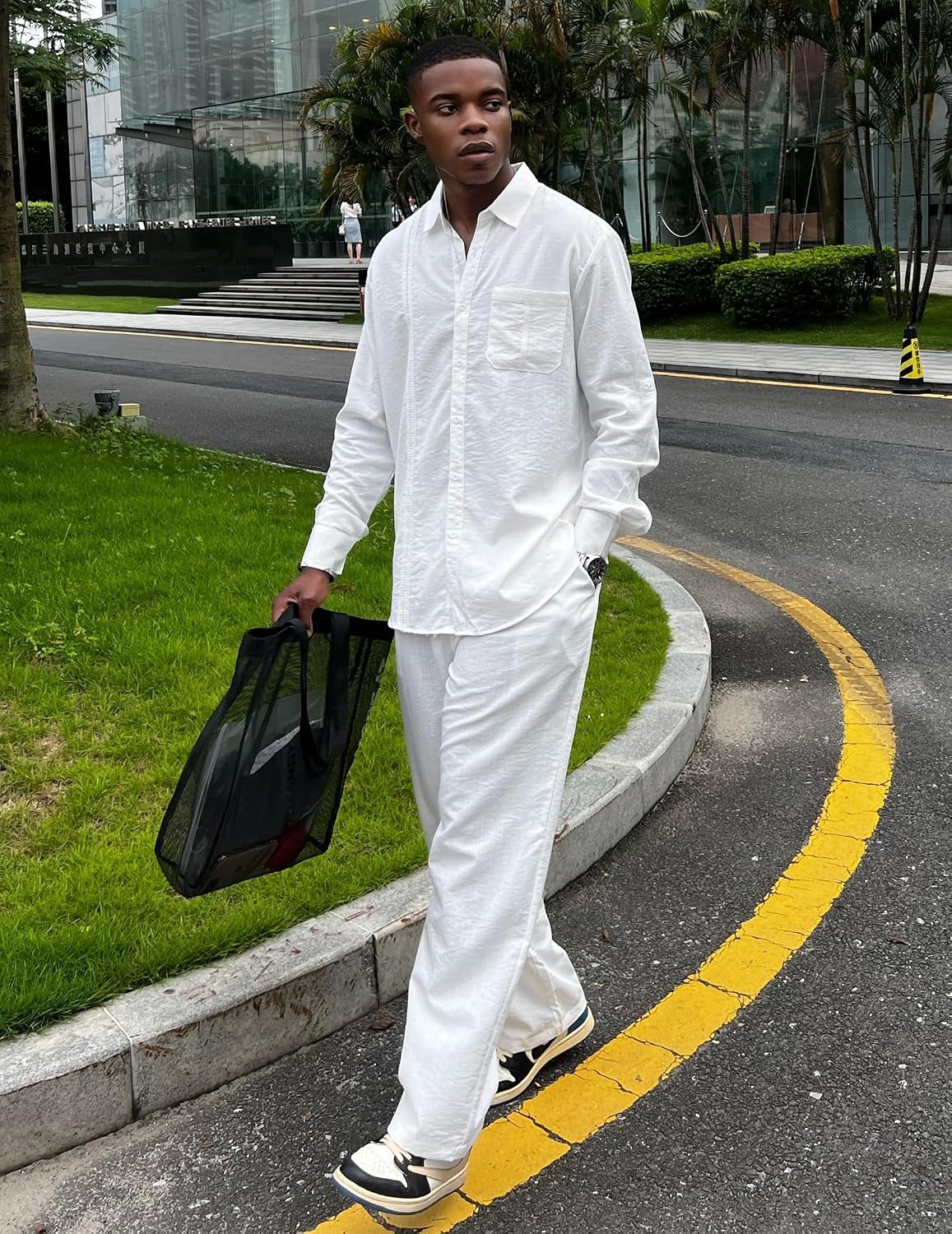 image:imageCOOFANDY Mens 2 Piece Outfits Long Sleeve Button Down Cuban Shirt and Pants Set Summer Beach SetsWhite