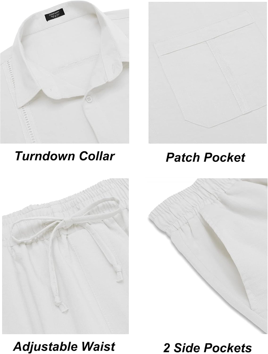image:imageCOOFANDY Mens 2 Piece Outfits Long Sleeve Button Down Cuban Shirt and Pants Set Summer Beach SetsWhite