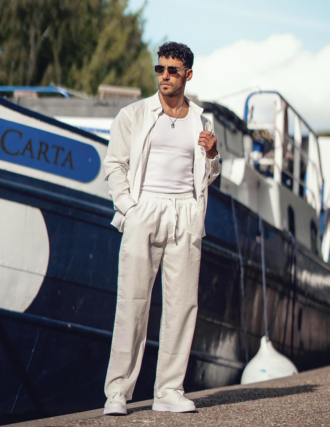 image:imageCOOFANDY Mens 2 Piece Outfits Long Sleeve Button Down Cuban Shirt and Pants Set Summer Beach SetsWhite