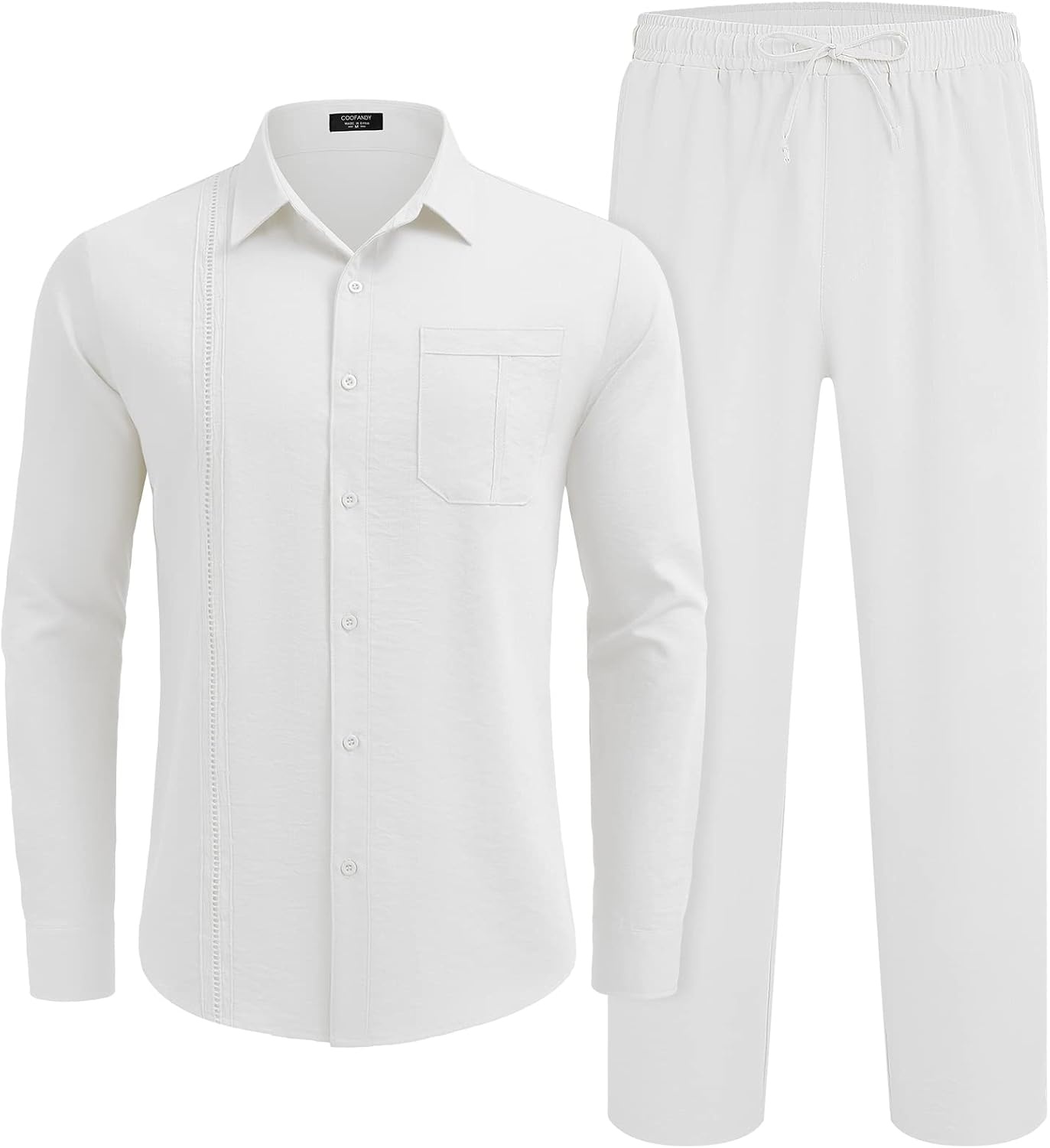 image:imageCOOFANDY Mens 2 Piece Outfits Long Sleeve Button Down Cuban Shirt and Pants Set Summer Beach SetsWhite