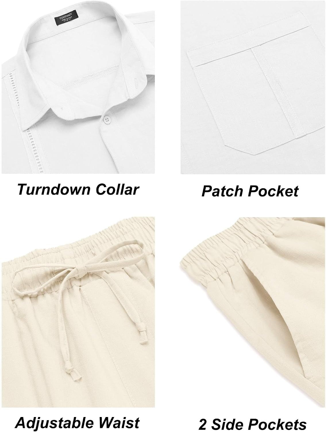 image:imageCOOFANDY Mens 2 Piece Outfits Long Sleeve Button Down Cuban Shirt and Pants Set Summer Beach SetsWhite ShirtBeige Pants