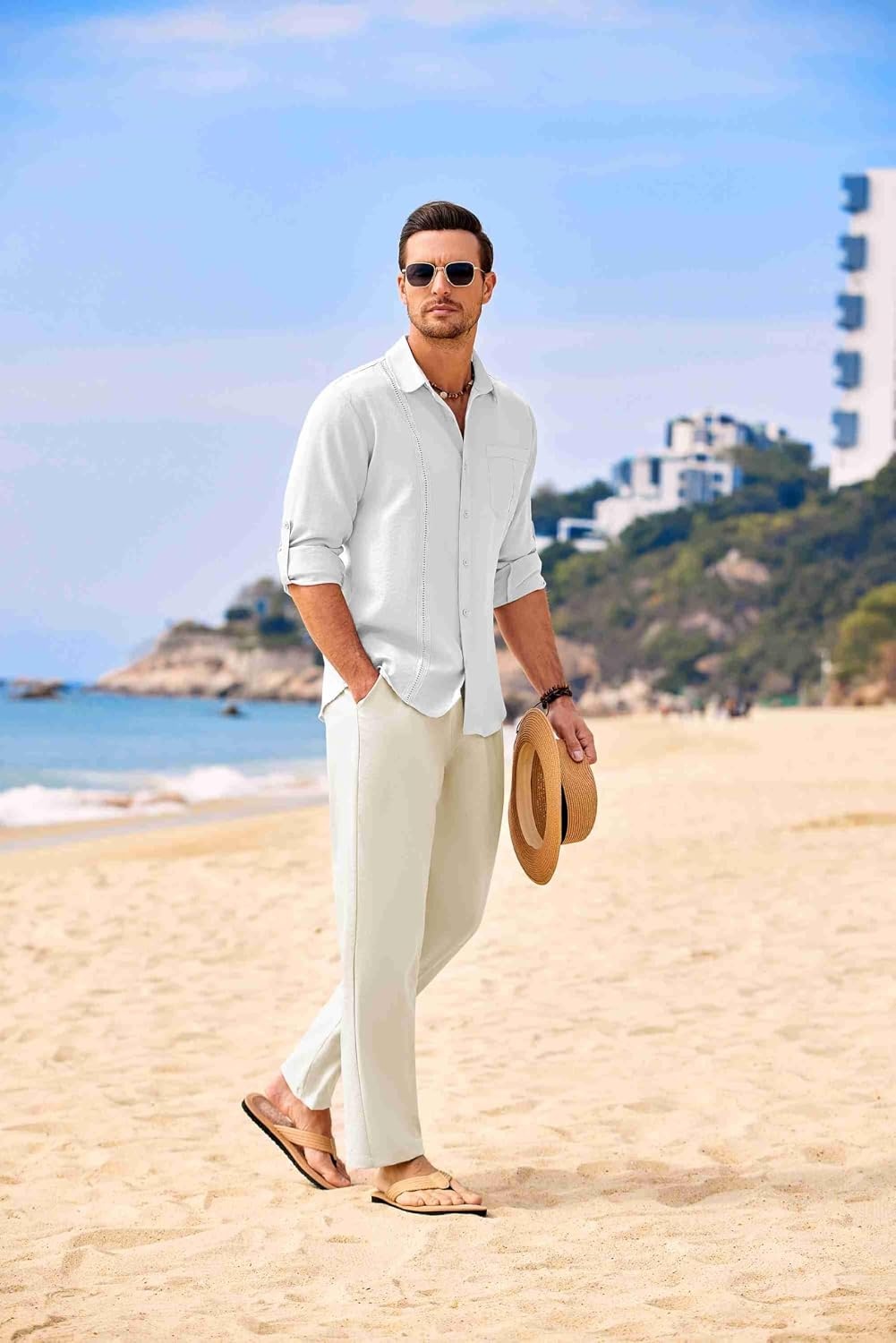 image:imageCOOFANDY Mens 2 Piece Outfits Long Sleeve Button Down Cuban Shirt and Pants Set Summer Beach SetsWhite ShirtBeige Pants