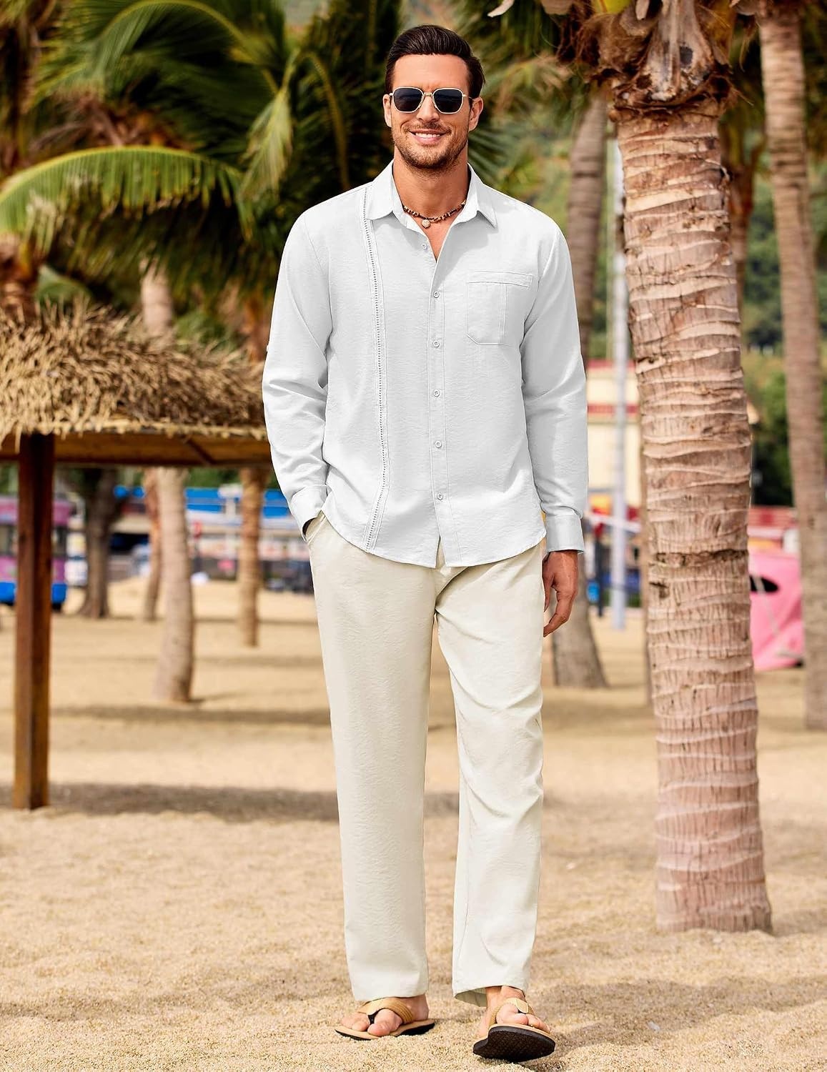 image:imageCOOFANDY Mens 2 Piece Outfits Long Sleeve Button Down Cuban Shirt and Pants Set Summer Beach SetsWhite ShirtBeige Pants