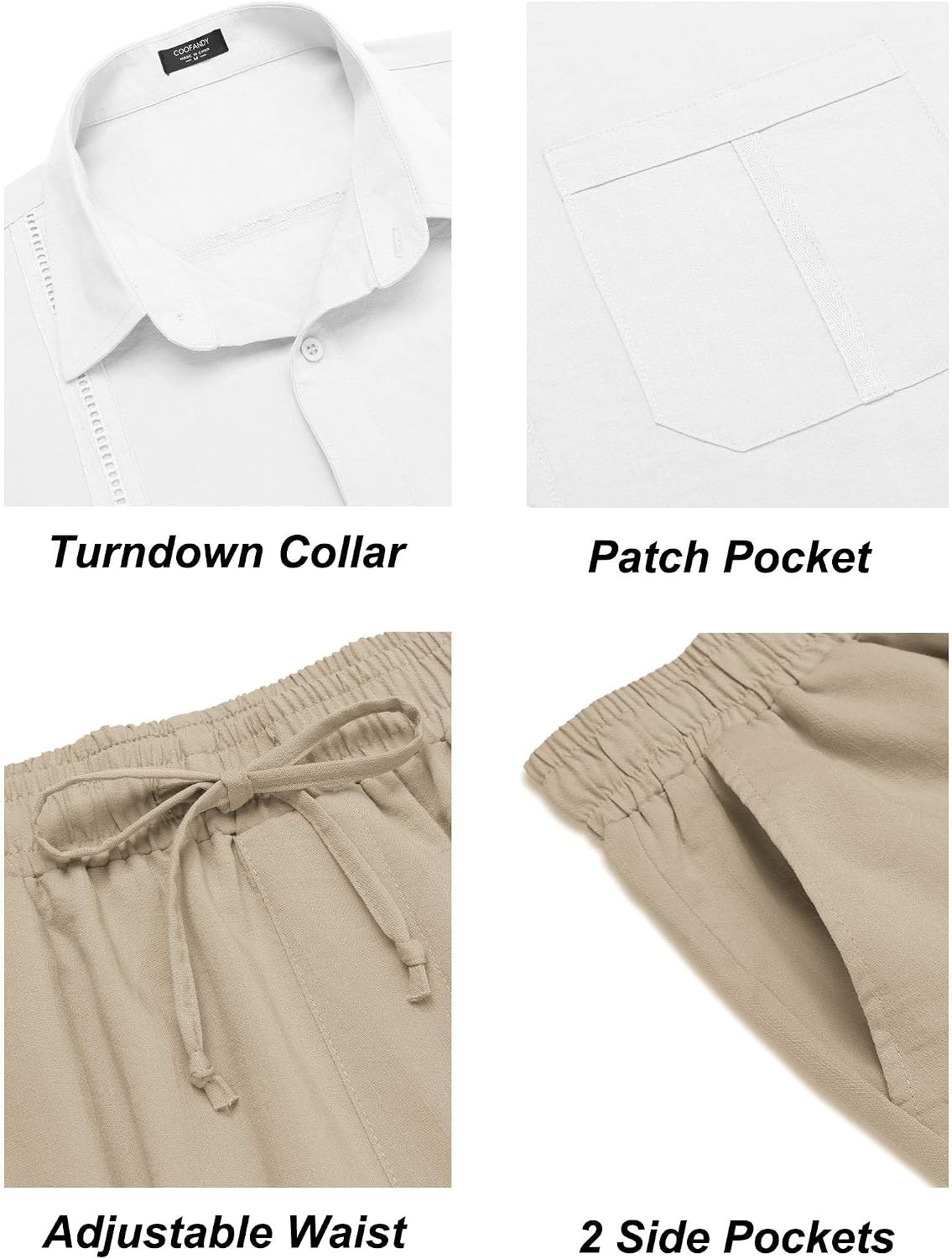 image:imageCOOFANDY Mens 2 Piece Outfits Long Sleeve Button Down Cuban Shirt and Pants Set Summer Beach SetsWhite ShirtKhaki Pants