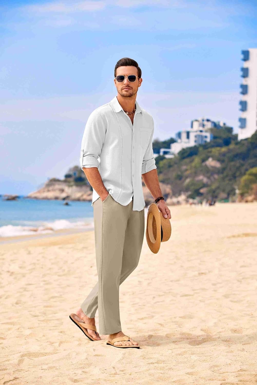 image:imageCOOFANDY Mens 2 Piece Outfits Long Sleeve Button Down Cuban Shirt and Pants Set Summer Beach SetsWhite ShirtKhaki Pants
