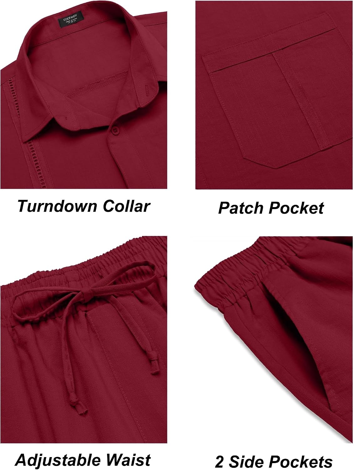 image:imageCOOFANDY Mens 2 Piece Outfits Long Sleeve Button Down Cuban Shirt and Pants Set Summer Beach SetsWine Red