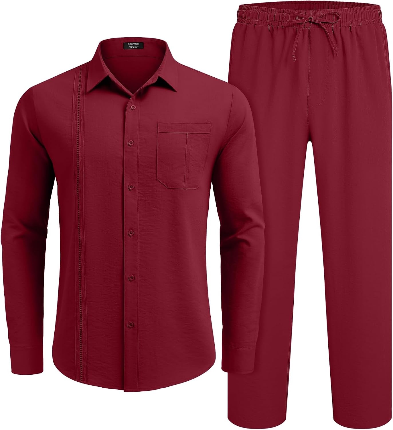 image:imageCOOFANDY Mens 2 Piece Outfits Long Sleeve Button Down Cuban Shirt and Pants Set Summer Beach SetsWine Red
