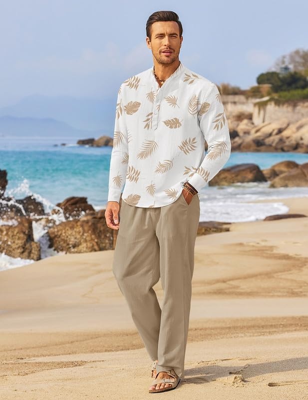 image:imageCOOFANDY Mens 2 Pieces Cotton Linen Set Long Sleeve Henley Shirts Casual Beach Pants With Pockets Summer Yoga OutfitsPalm Leaf