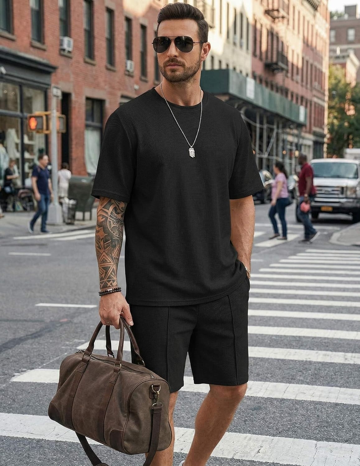 image:imageCOOFANDY Mens 2 Pieces Outfits Casual Cotton T Shirt and Shorts Set Summer Short Sleeve Waffle TracksuitsBlack