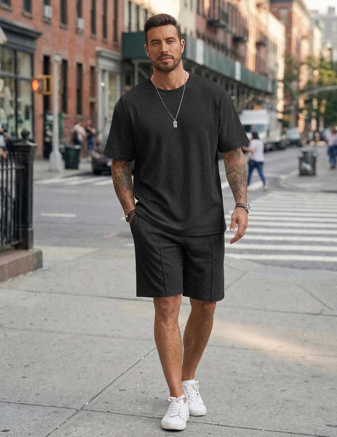 image:imageCOOFANDY Mens 2 Pieces Outfits Casual Cotton T Shirt and Shorts Set Summer Short Sleeve Waffle TracksuitsBlack