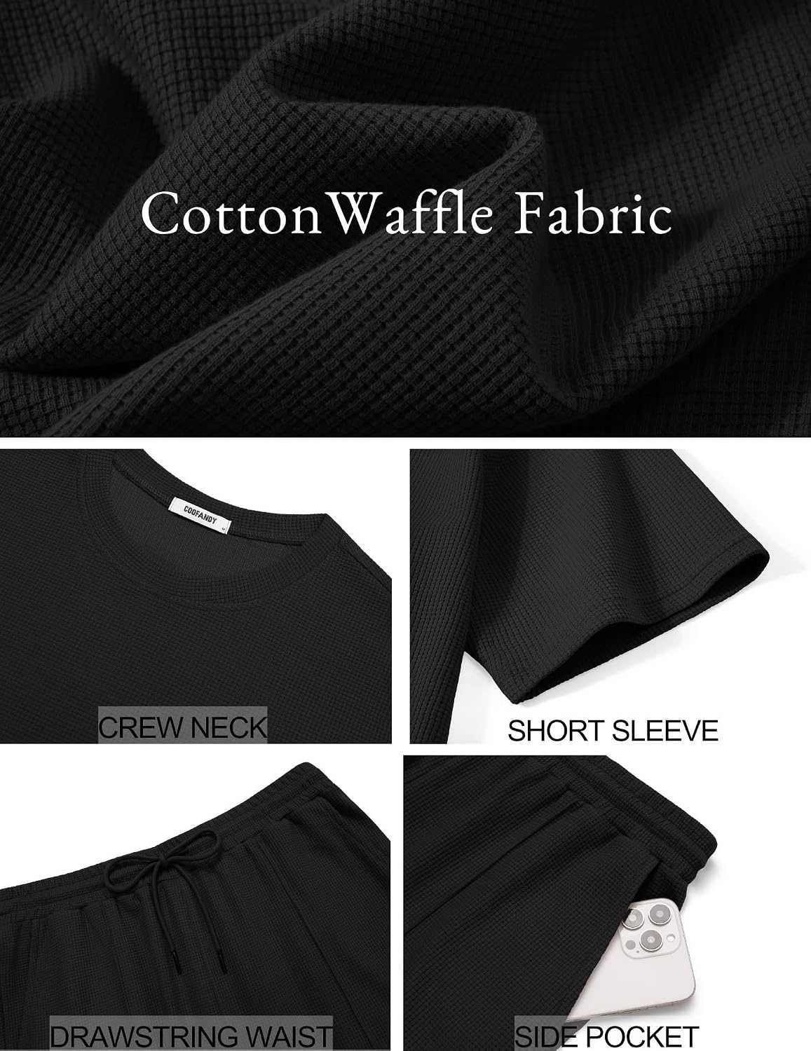 image:imageCOOFANDY Mens 2 Pieces Outfits Casual Cotton T Shirt and Shorts Set Summer Short Sleeve Waffle TracksuitsBlack