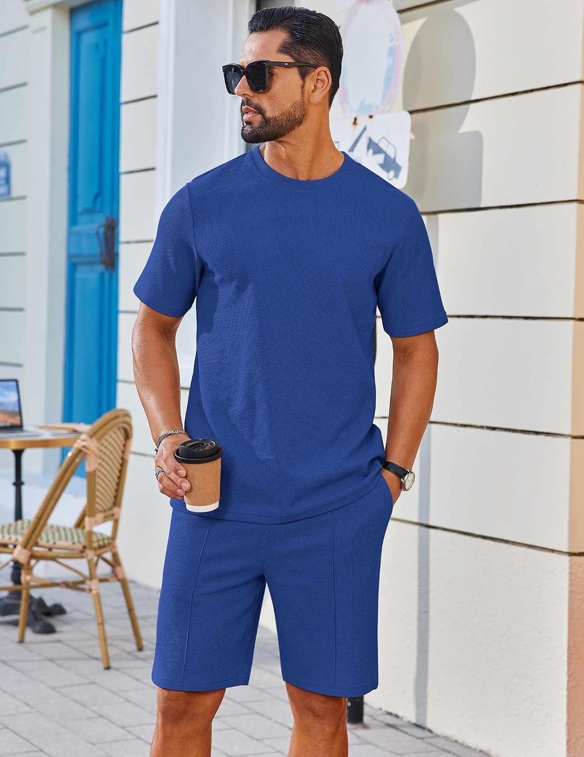 image:imageCOOFANDY Mens 2 Pieces Outfits Casual Cotton T Shirt and Shorts Set Summer Short Sleeve Waffle TracksuitsRoyal Blue