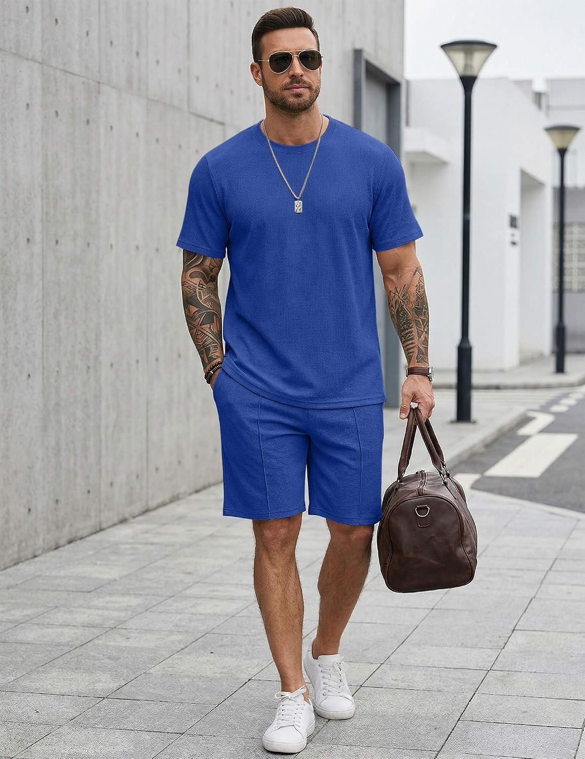 image:imageCOOFANDY Mens 2 Pieces Outfits Casual Cotton T Shirt and Shorts Set Summer Short Sleeve Waffle TracksuitsRoyal Blue