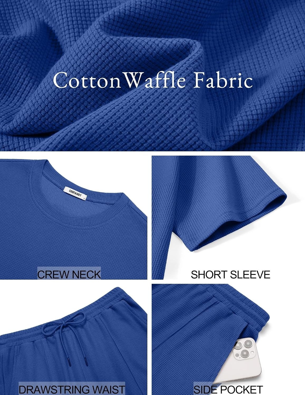 image:imageCOOFANDY Mens 2 Pieces Outfits Casual Cotton T Shirt and Shorts Set Summer Short Sleeve Waffle TracksuitsRoyal Blue