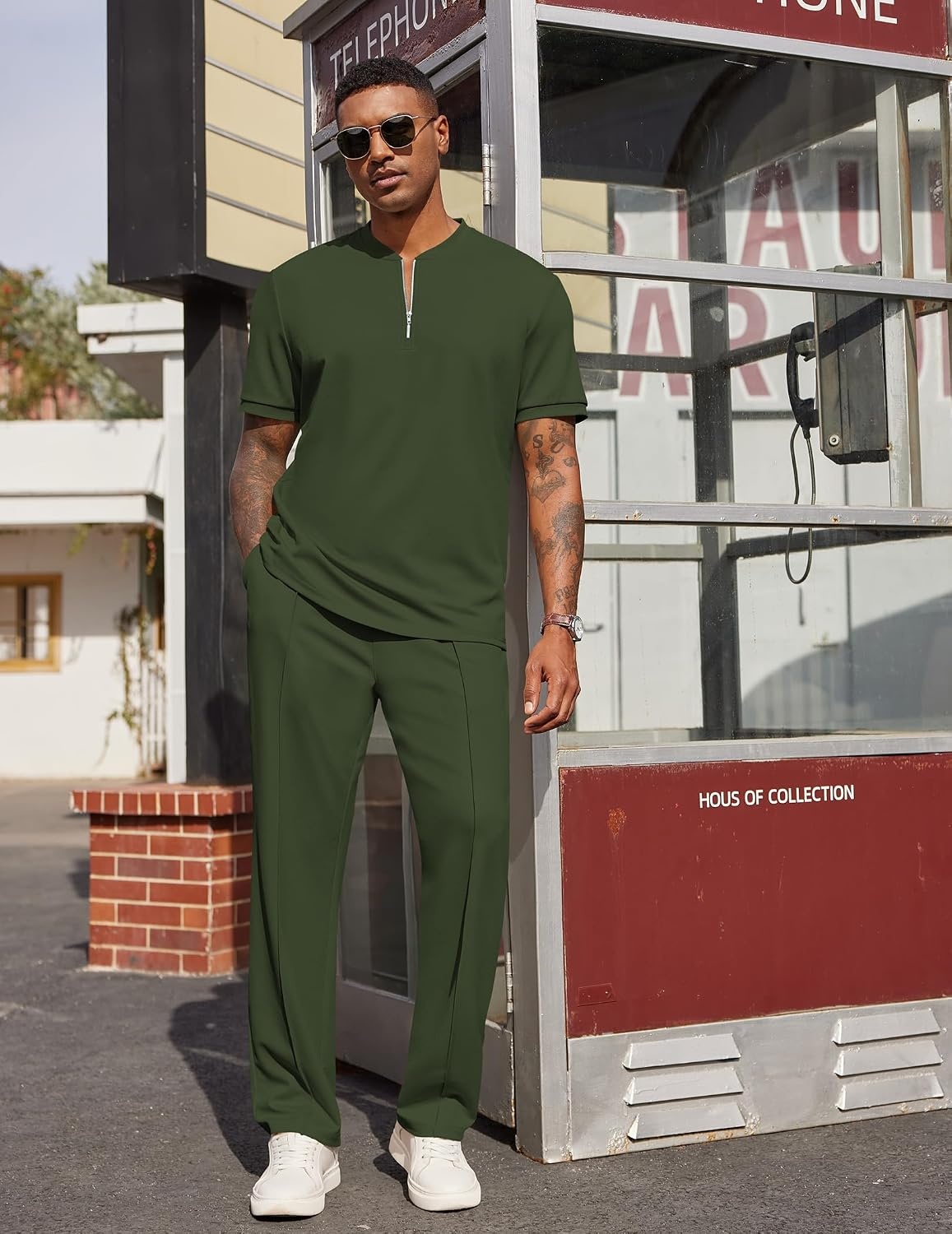 image:imageCOOFANDY Mens 2 Pieces Outfits Casual Quarter Zip Polo Shirt and Jogging Pants Summer Tracksuits SetArmy Green