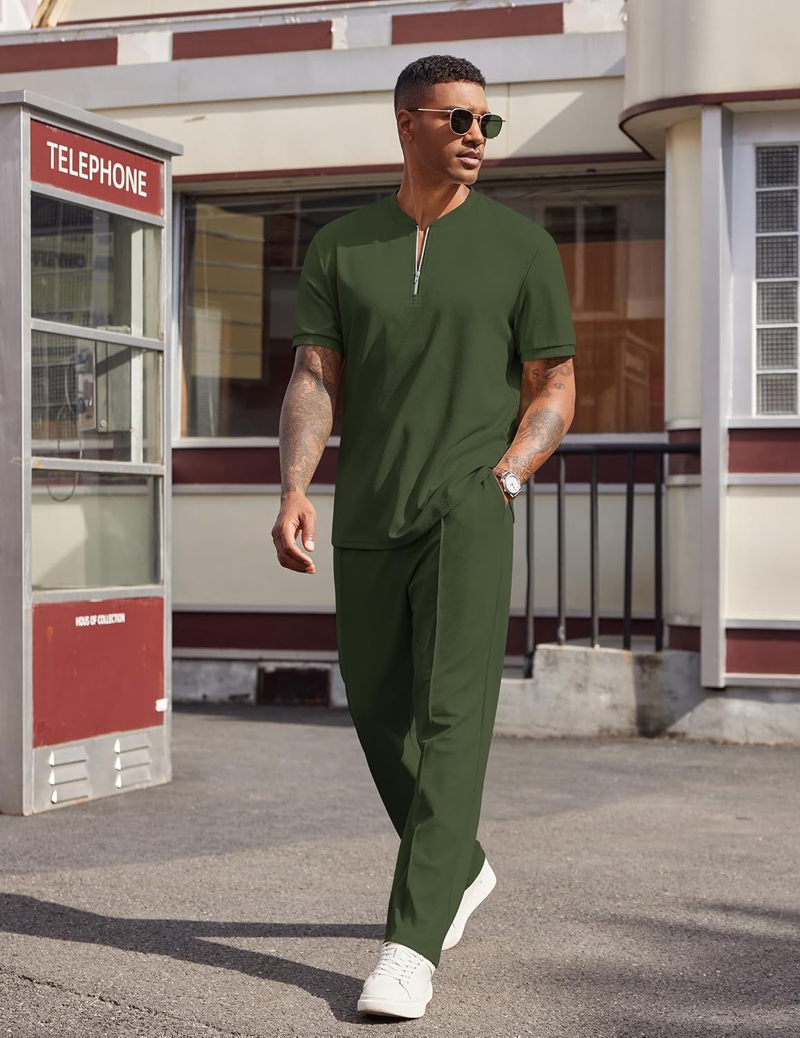 image:imageCOOFANDY Mens 2 Pieces Outfits Casual Quarter Zip Polo Shirt and Jogging Pants Summer Tracksuits SetArmy Green