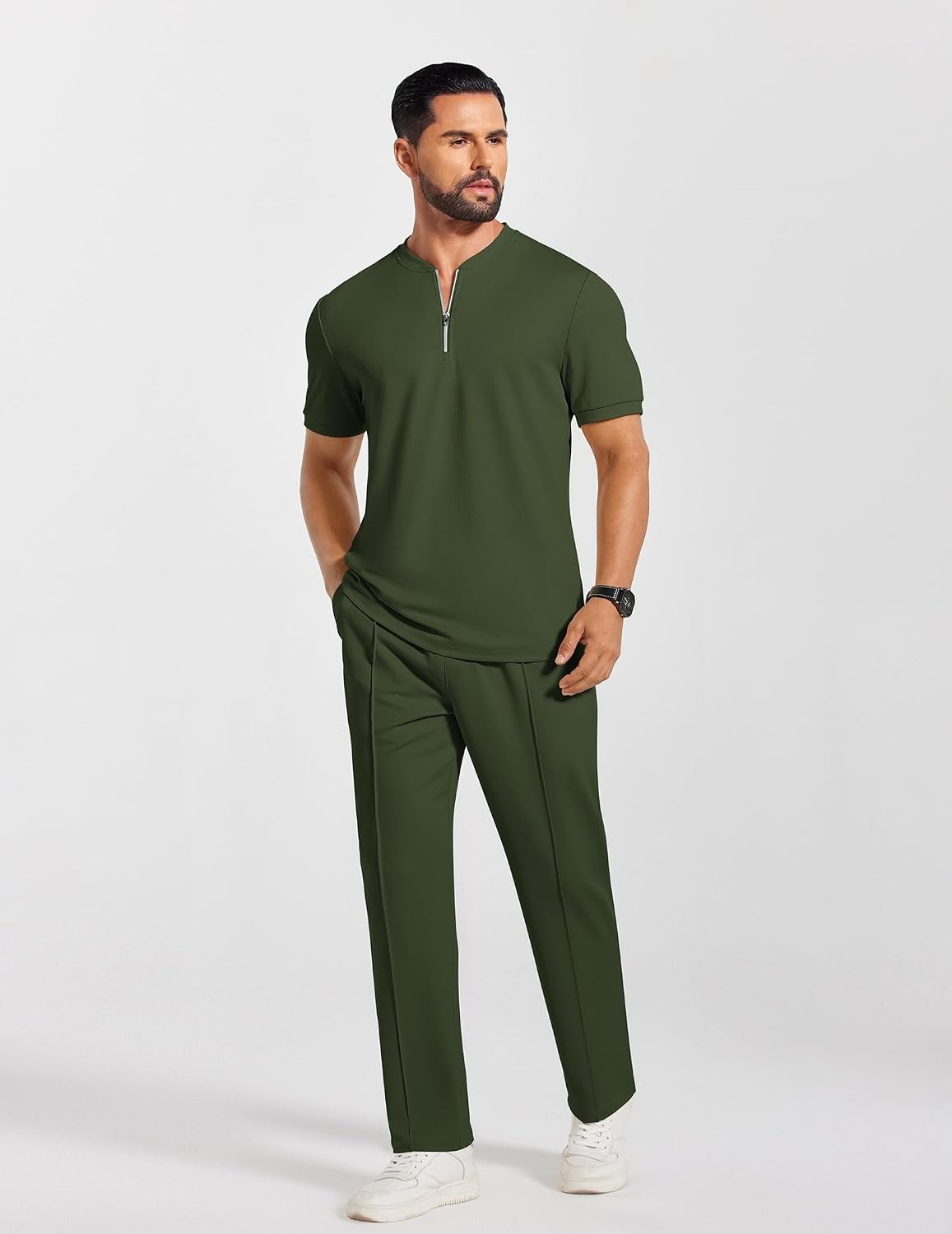 image:imageCOOFANDY Mens 2 Pieces Outfits Casual Quarter Zip Polo Shirt and Jogging Pants Summer Tracksuits SetArmy Green