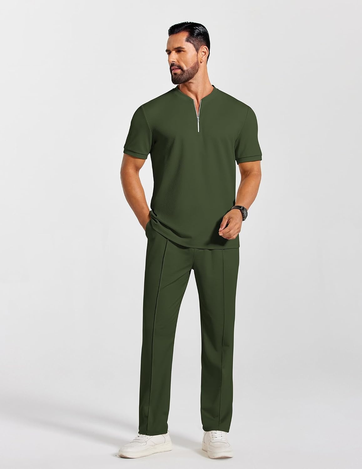 image:imageCOOFANDY Mens 2 Pieces Outfits Casual Quarter Zip Polo Shirt and Jogging Pants Summer Tracksuits SetArmy Green