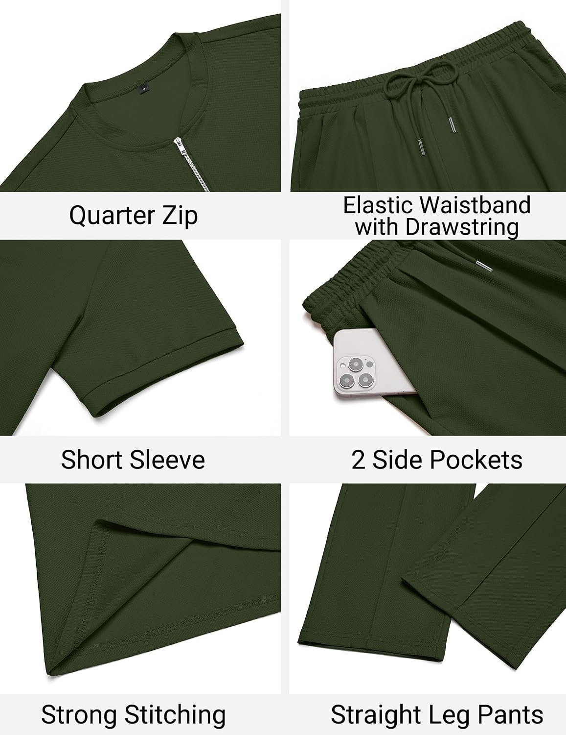 image:imageCOOFANDY Mens 2 Pieces Outfits Casual Quarter Zip Polo Shirt and Jogging Pants Summer Tracksuits SetArmy Green