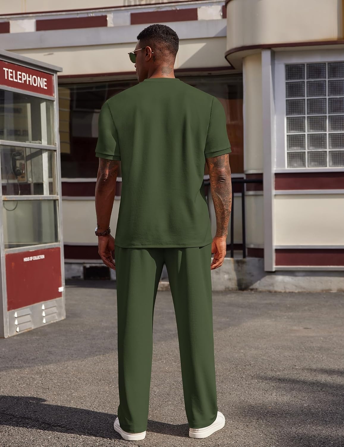 image:imageCOOFANDY Mens 2 Pieces Outfits Casual Quarter Zip Polo Shirt and Jogging Pants Summer Tracksuits SetArmy Green