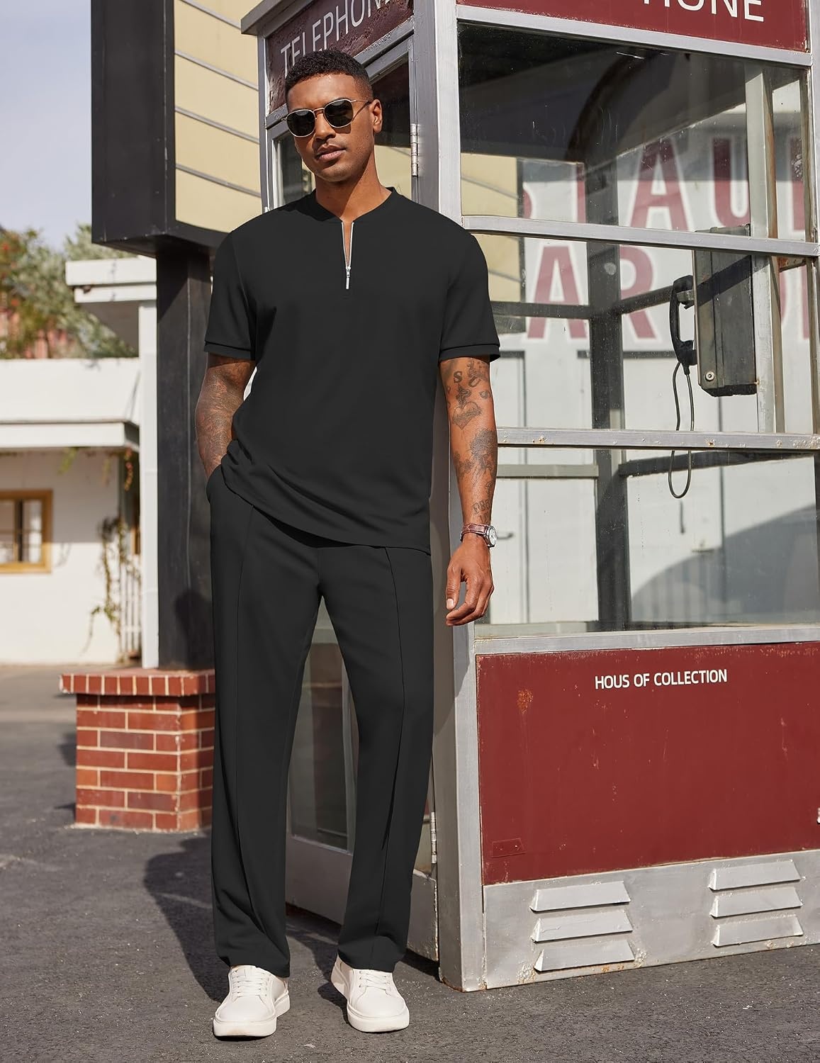 image:imageCOOFANDY Mens 2 Pieces Outfits Casual Quarter Zip Polo Shirt and Jogging Pants Summer Tracksuits SetBlack