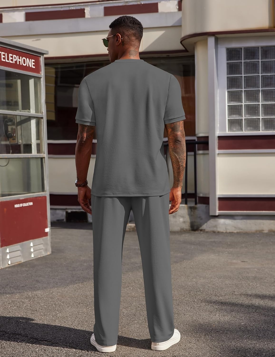 image:imageCOOFANDY Mens 2 Pieces Outfits Casual Quarter Zip Polo Shirt and Jogging Pants Summer Tracksuits SetDark Grey