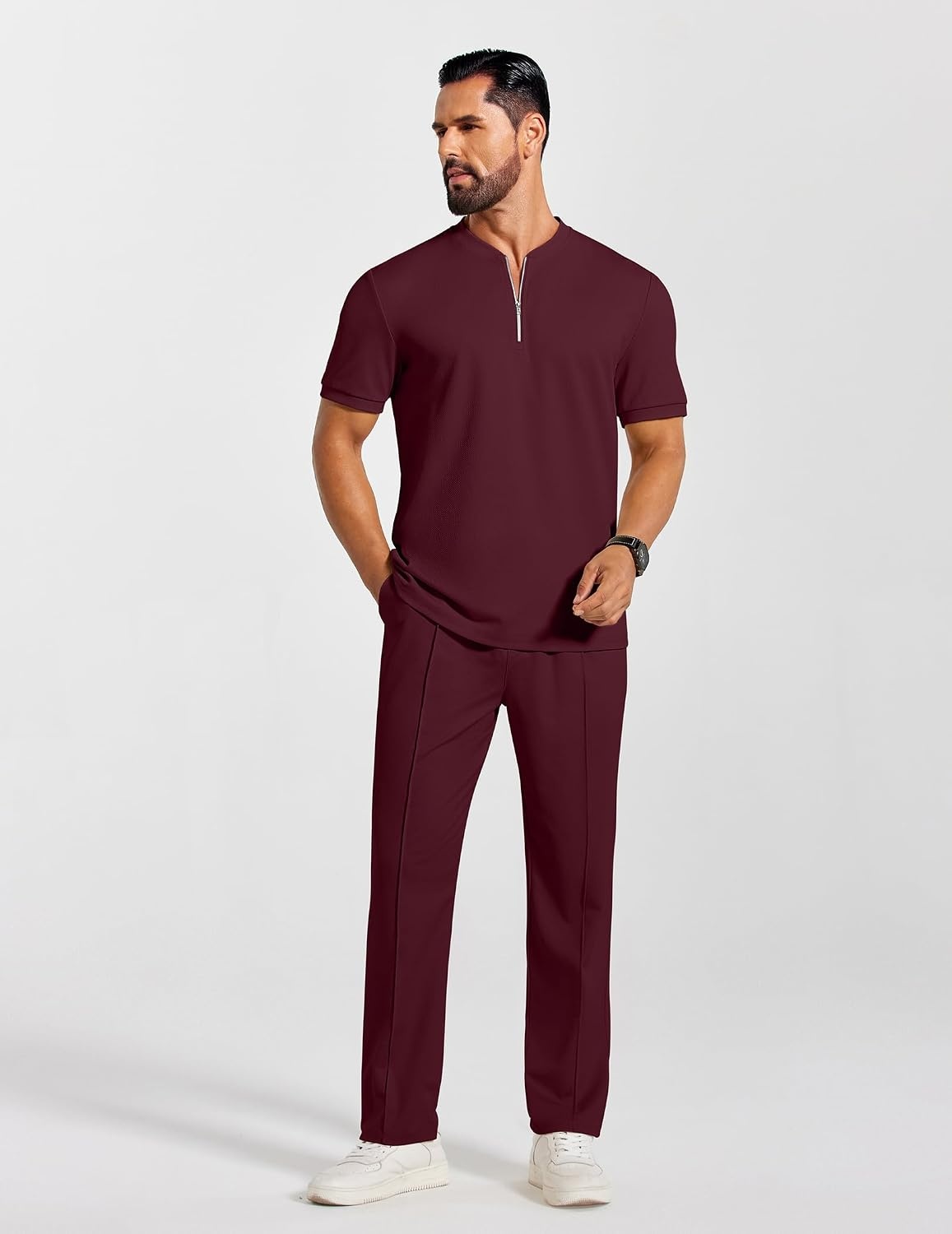 image:imageCOOFANDY Mens 2 Pieces Outfits Casual Quarter Zip Polo Shirt and Jogging Pants Summer Tracksuits SetDark Red