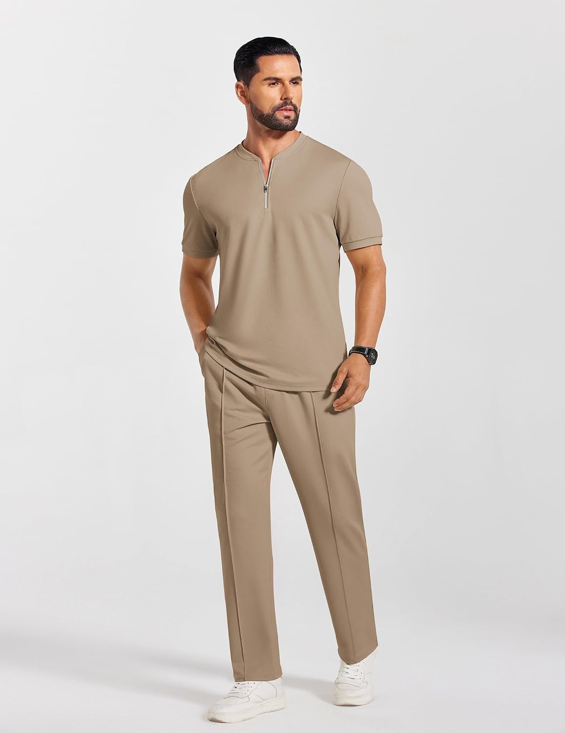 image:imageCOOFANDY Mens 2 Pieces Outfits Casual Quarter Zip Polo Shirt and Jogging Pants Summer Tracksuits SetKhaki