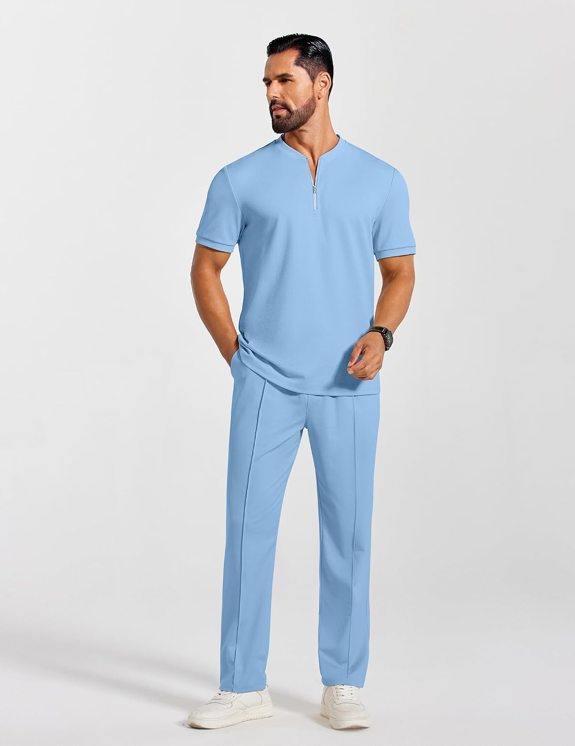 image:imageCOOFANDY Mens 2 Pieces Outfits Casual Quarter Zip Polo Shirt and Jogging Pants Summer Tracksuits SetLight Blue