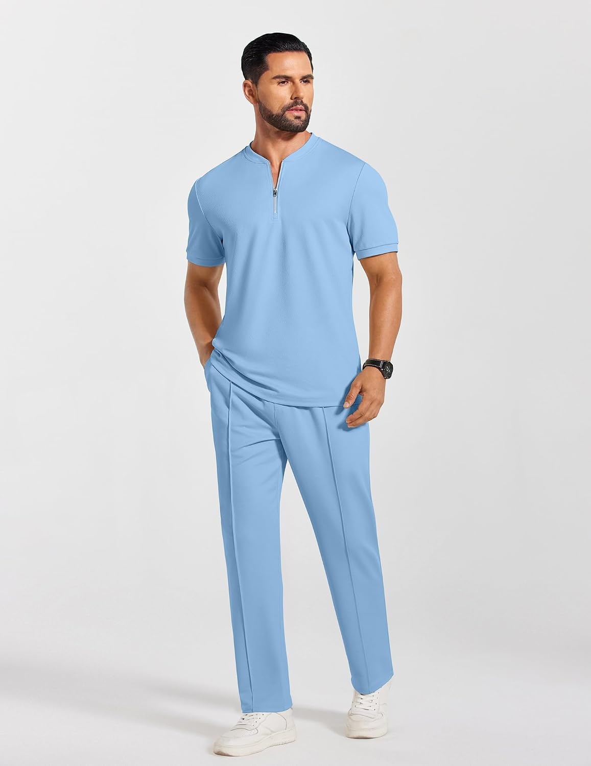 image:imageCOOFANDY Mens 2 Pieces Outfits Casual Quarter Zip Polo Shirt and Jogging Pants Summer Tracksuits SetLight Blue
