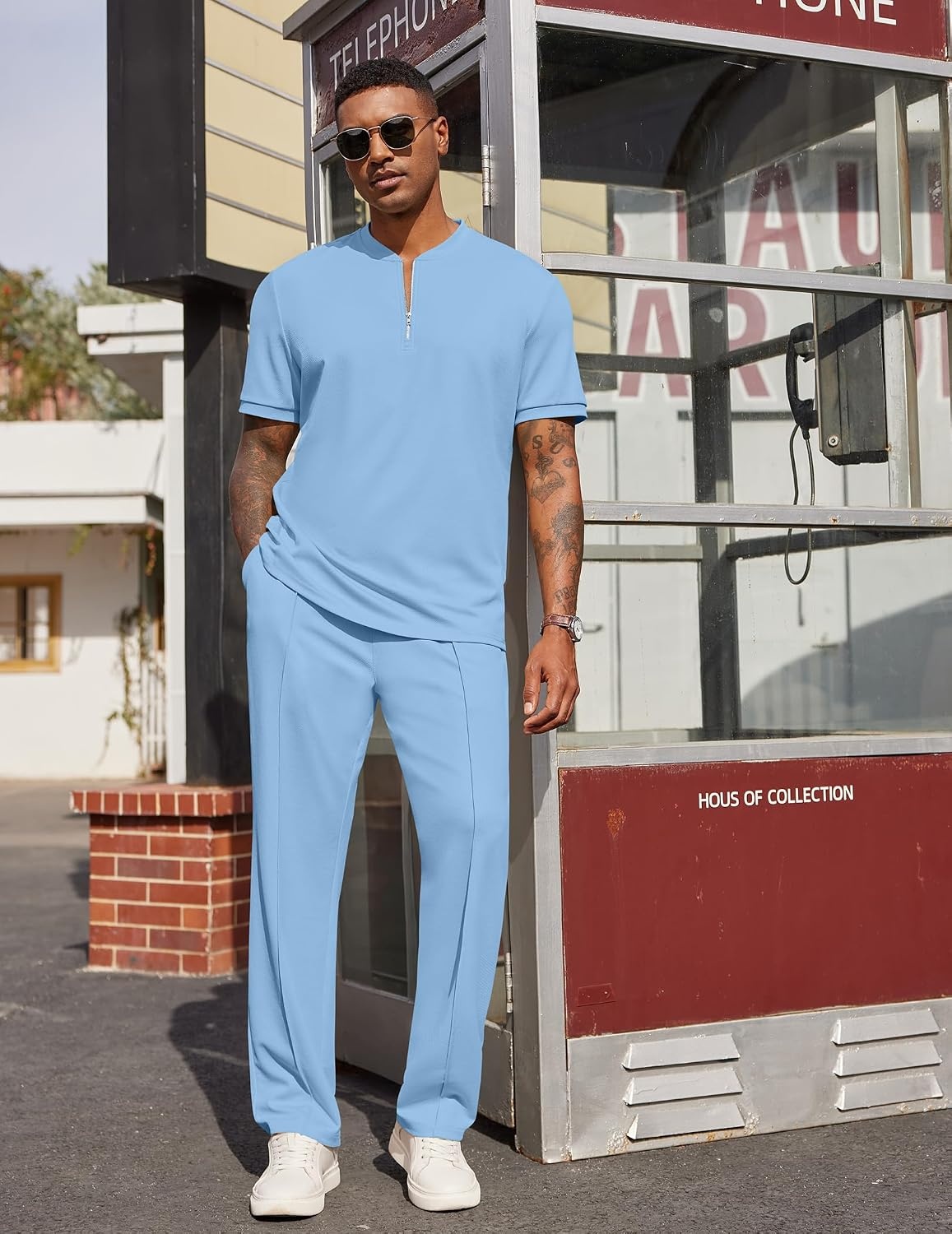 image:imageCOOFANDY Mens 2 Pieces Outfits Casual Quarter Zip Polo Shirt and Jogging Pants Summer Tracksuits SetLight Blue