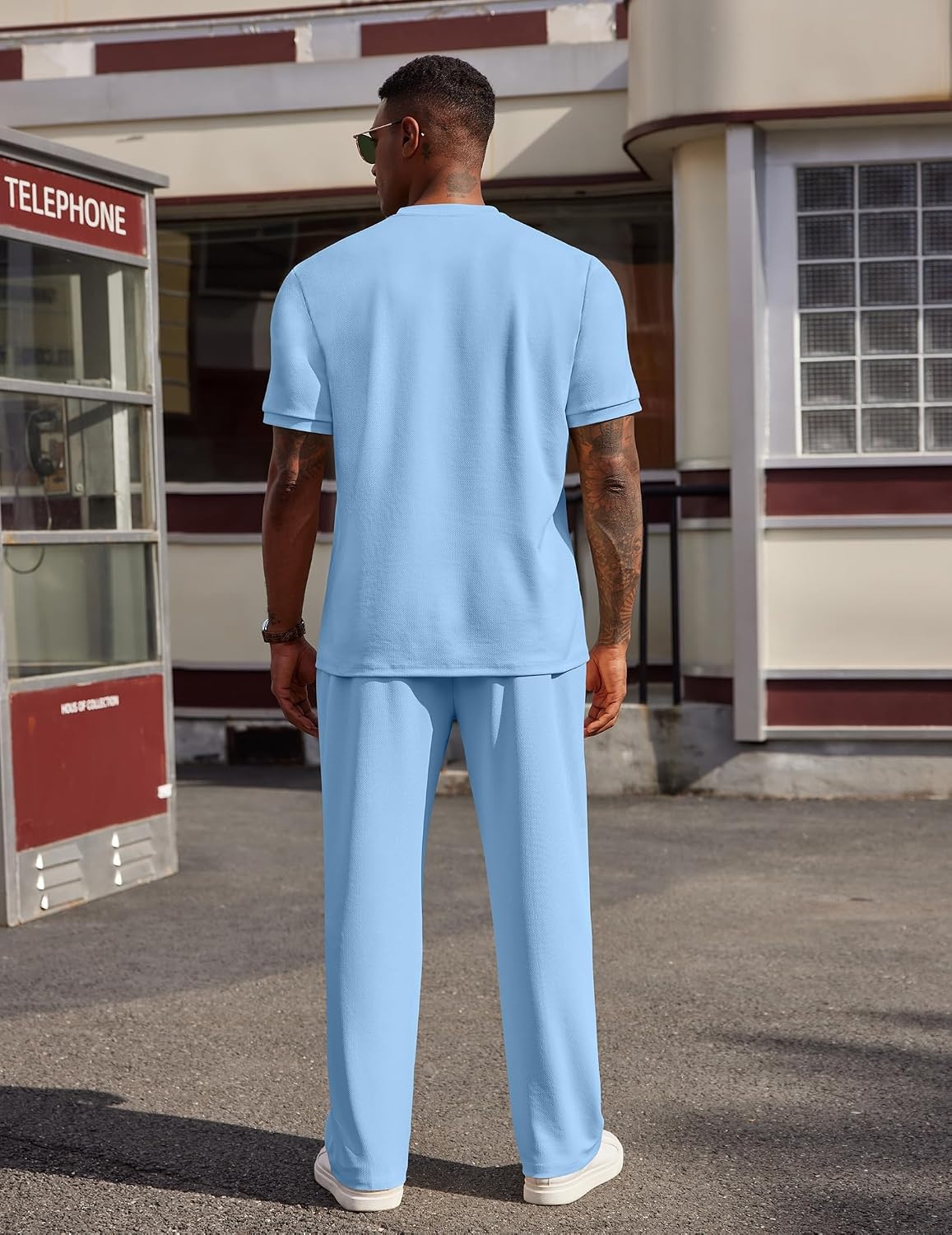 image:imageCOOFANDY Mens 2 Pieces Outfits Casual Quarter Zip Polo Shirt and Jogging Pants Summer Tracksuits SetLight Blue