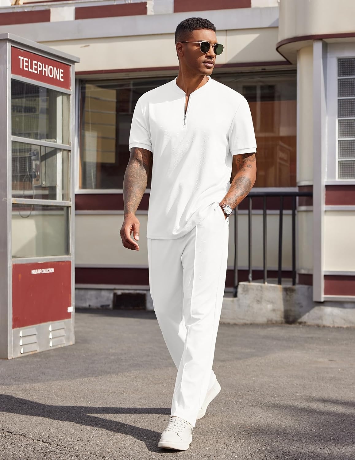 image:imageCOOFANDY Mens 2 Pieces Outfits Casual Quarter Zip Polo Shirt and Jogging Pants Summer Tracksuits SetWhite