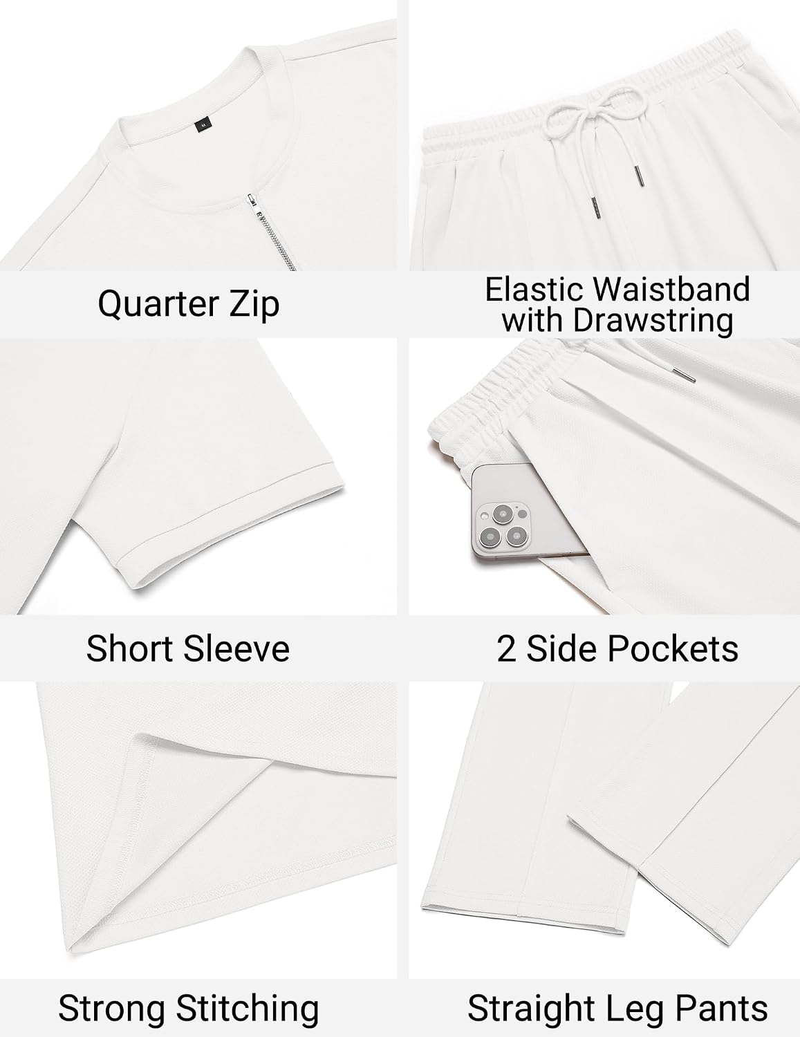 image:imageCOOFANDY Mens 2 Pieces Outfits Casual Quarter Zip Polo Shirt and Jogging Pants Summer Tracksuits SetWhite