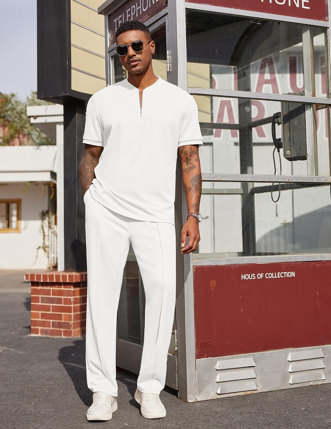 image:imageCOOFANDY Mens 2 Pieces Outfits Casual Quarter Zip Polo Shirt and Jogging Pants Summer Tracksuits SetWhite