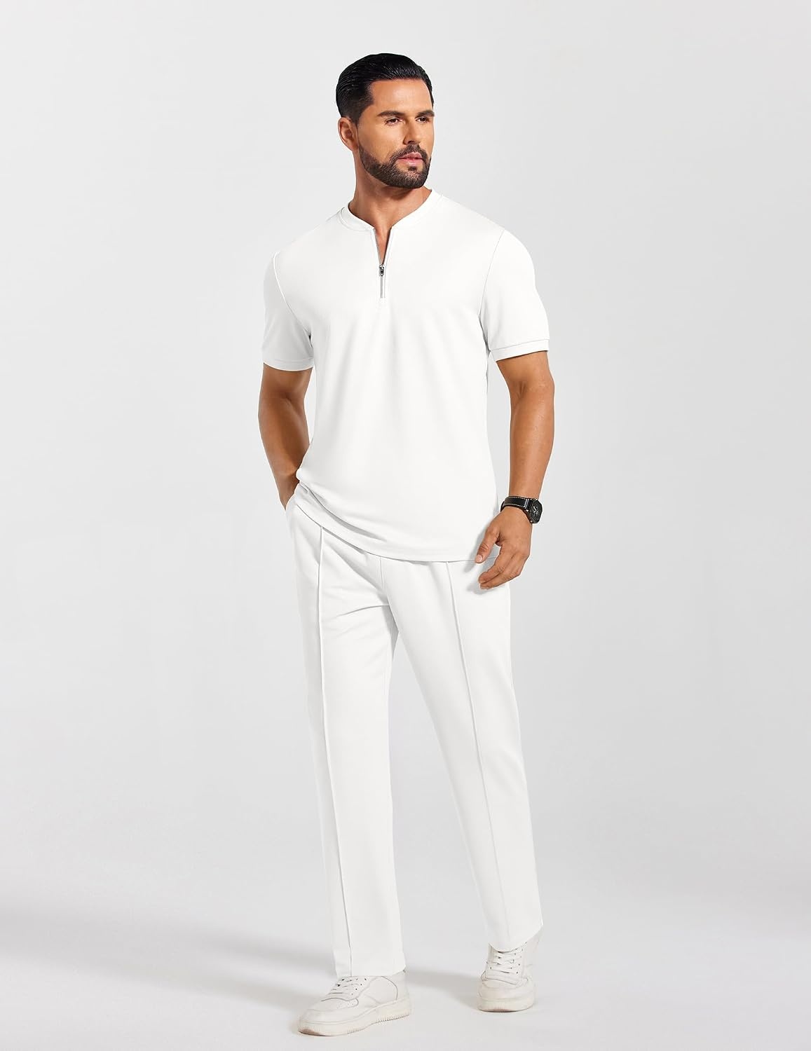 image:imageCOOFANDY Mens 2 Pieces Outfits Casual Quarter Zip Polo Shirt and Jogging Pants Summer Tracksuits SetWhite