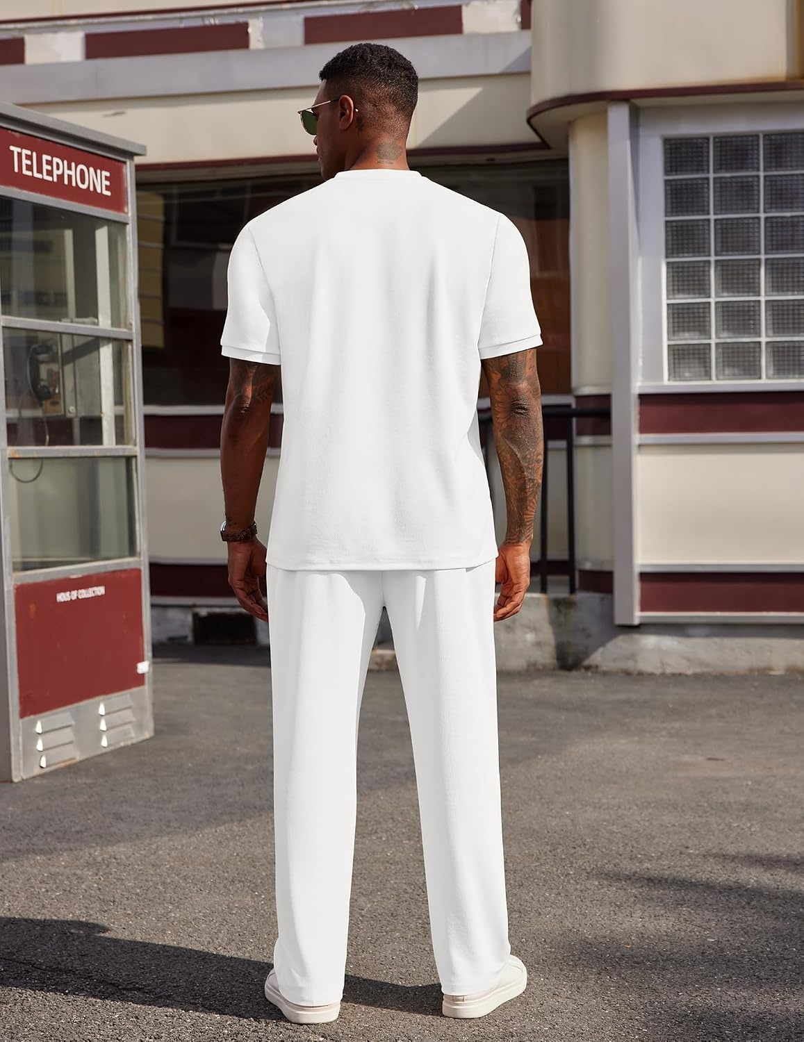 image:imageCOOFANDY Mens 2 Pieces Outfits Casual Quarter Zip Polo Shirt and Jogging Pants Summer Tracksuits SetWhite