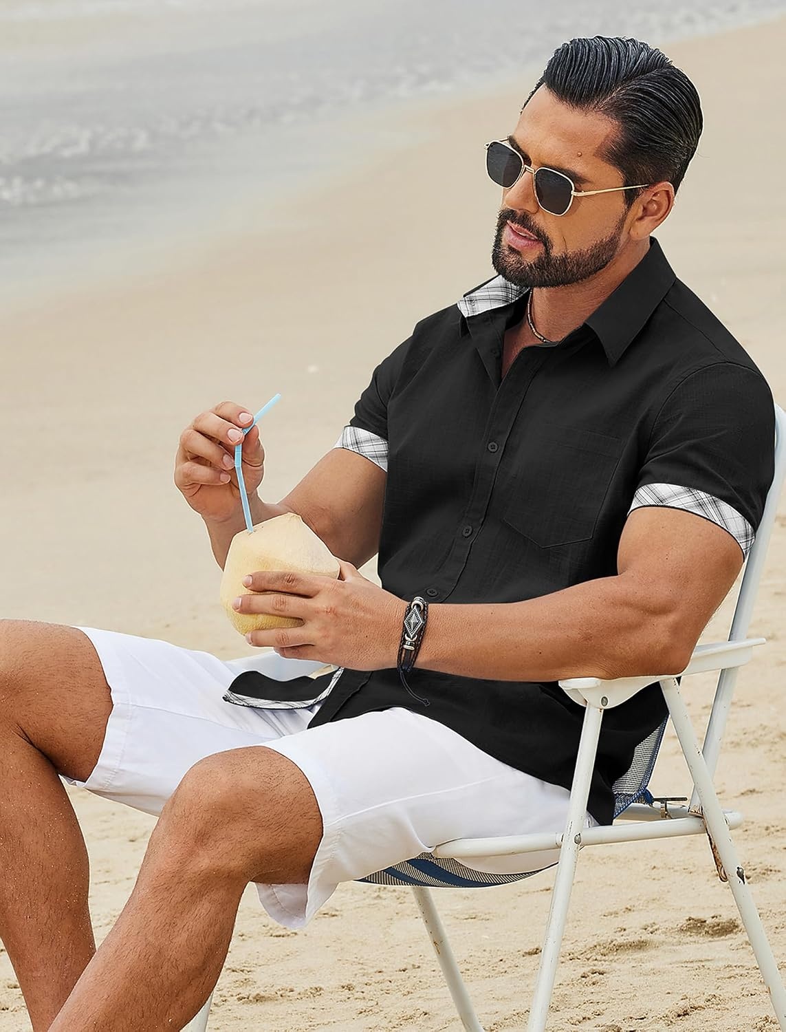 image:imageCOOFANDY Mens Button Down Shirts Short Sleeve Casual Cotton Shirts Summer Beach Wedding Shirt with PocketBlack