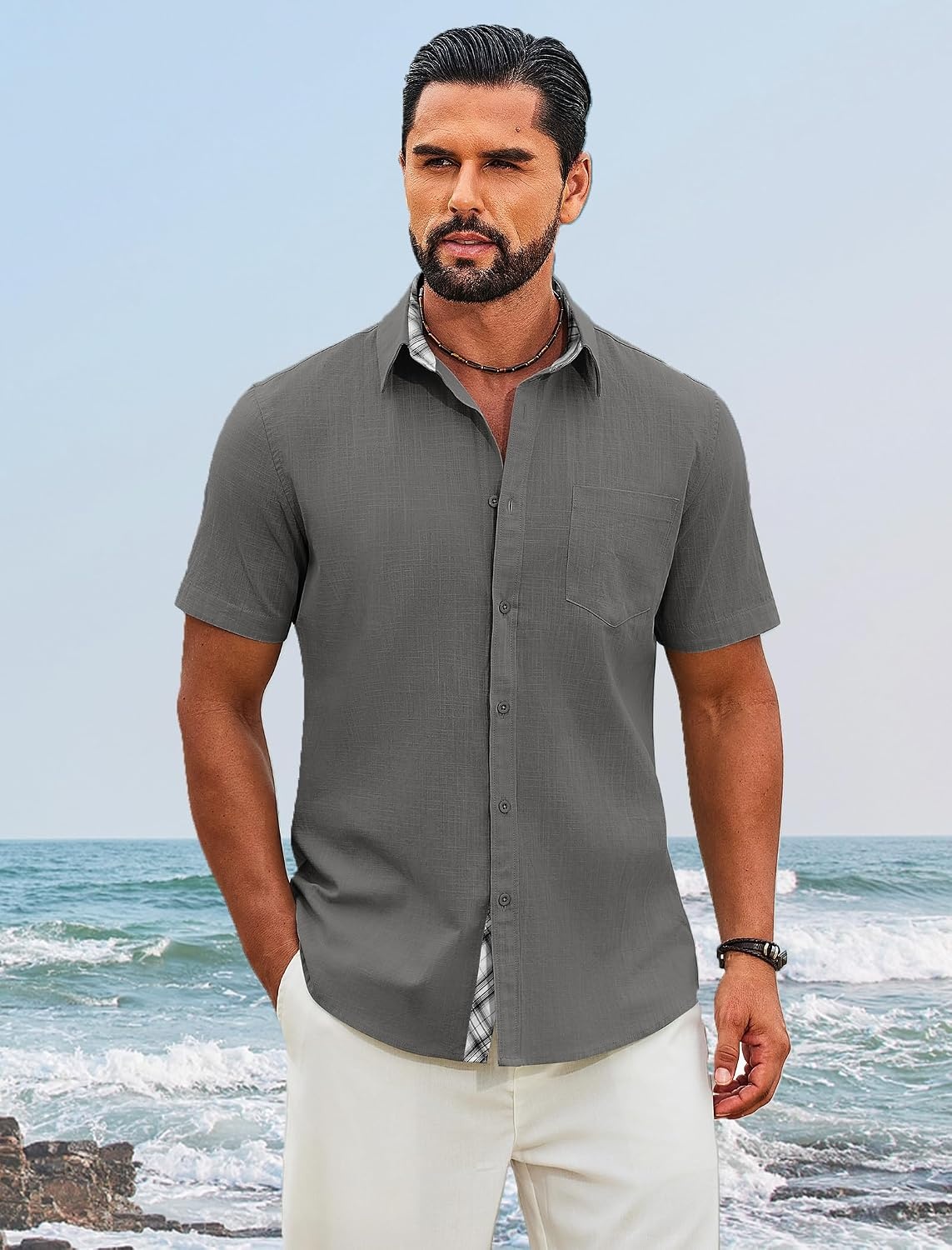 image:imageCOOFANDY Mens Button Down Shirts Short Sleeve Casual Cotton Shirts Summer Beach Wedding Shirt with PocketDark Grey