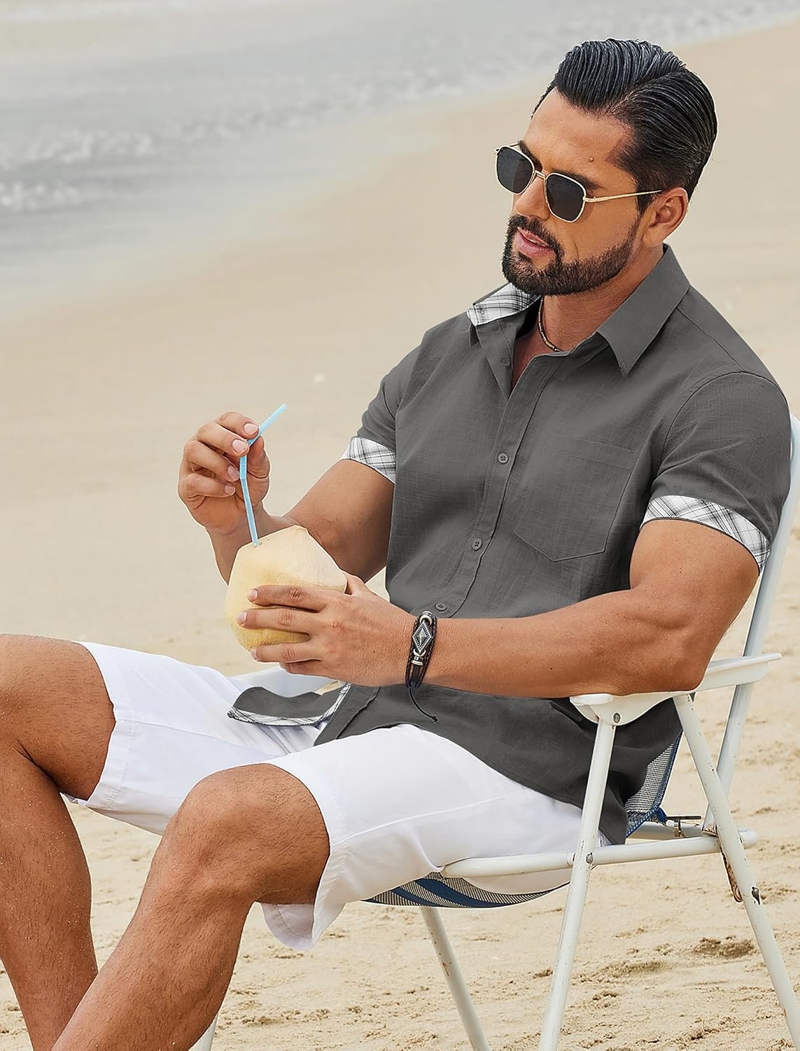 image:imageCOOFANDY Mens Button Down Shirts Short Sleeve Casual Cotton Shirts Summer Beach Wedding Shirt with PocketDark Grey