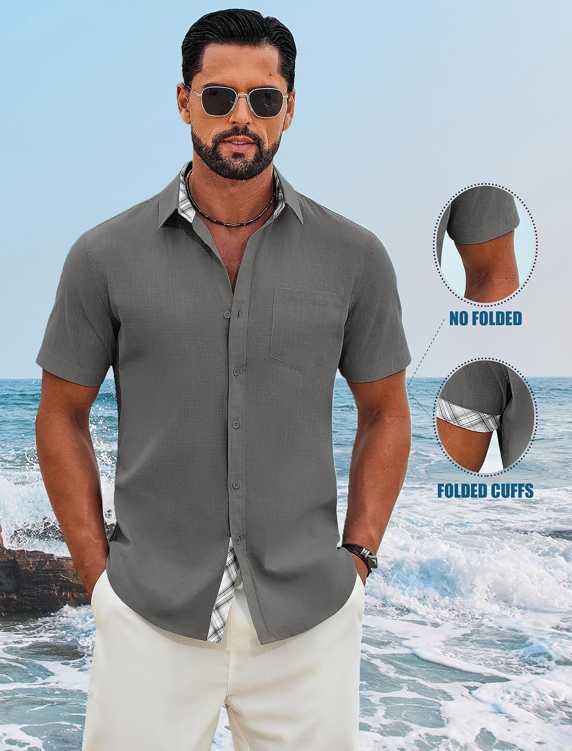 image:imageCOOFANDY Mens Button Down Shirts Short Sleeve Casual Cotton Shirts Summer Beach Wedding Shirt with PocketDark Grey