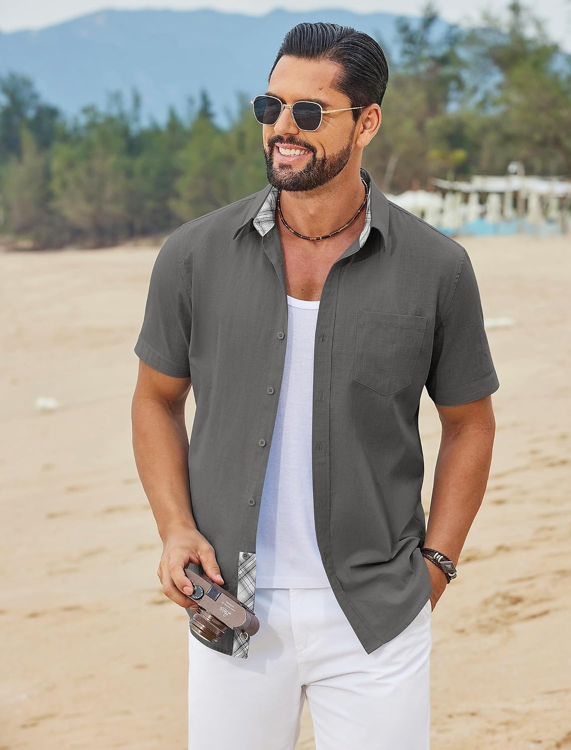 image:imageCOOFANDY Mens Button Down Shirts Short Sleeve Casual Cotton Shirts Summer Beach Wedding Shirt with PocketDark Grey