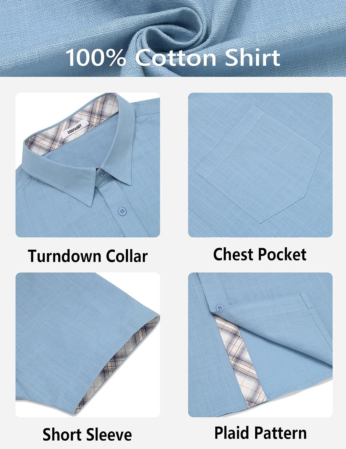 image:imageCOOFANDY Mens Button Down Shirts Short Sleeve Casual Cotton Shirts Summer Beach Wedding Shirt with PocketLight Blue