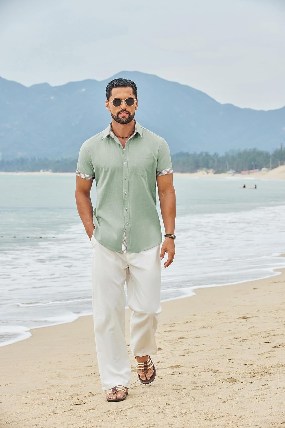 image:imageCOOFANDY Mens Button Down Shirts Short Sleeve Casual Cotton Shirts Summer Beach Wedding Shirt with PocketLight Greenplaid