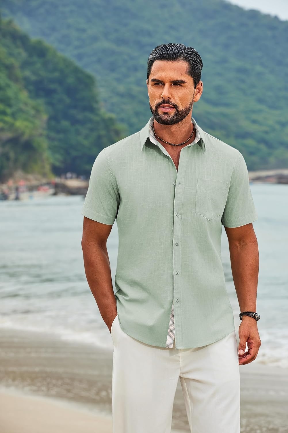 image:imageCOOFANDY Mens Button Down Shirts Short Sleeve Casual Cotton Shirts Summer Beach Wedding Shirt with PocketLight Greenplaid