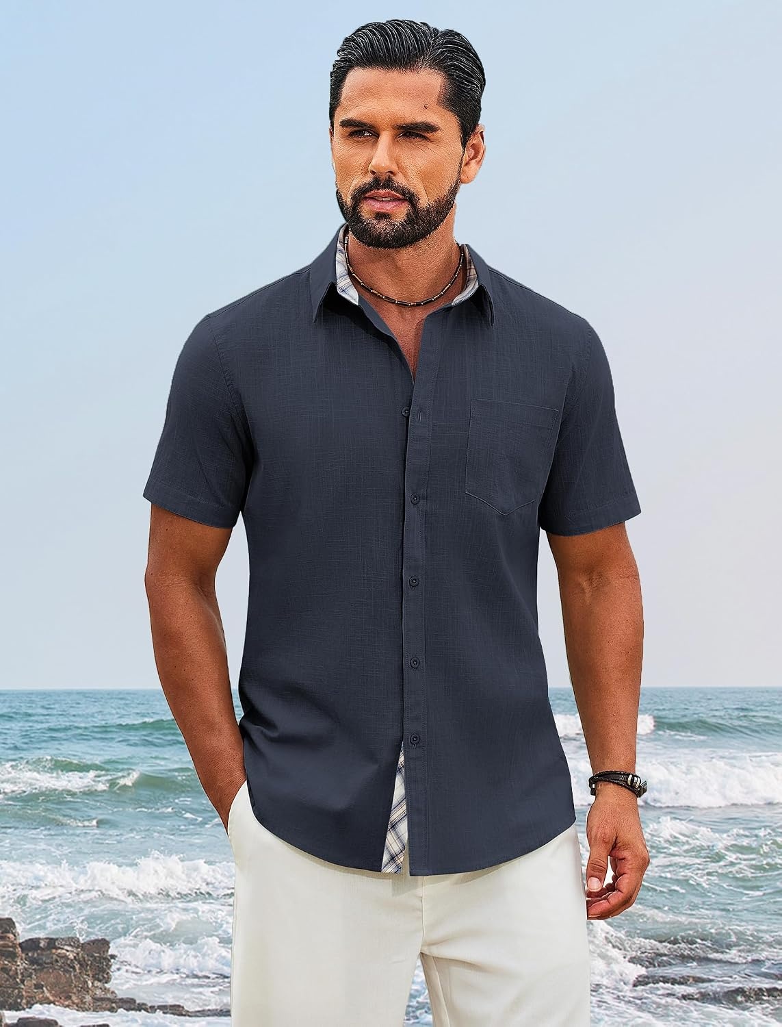 image:imageCOOFANDY Mens Button Down Shirts Short Sleeve Casual Cotton Shirts Summer Beach Wedding Shirt with PocketNavy Blue
