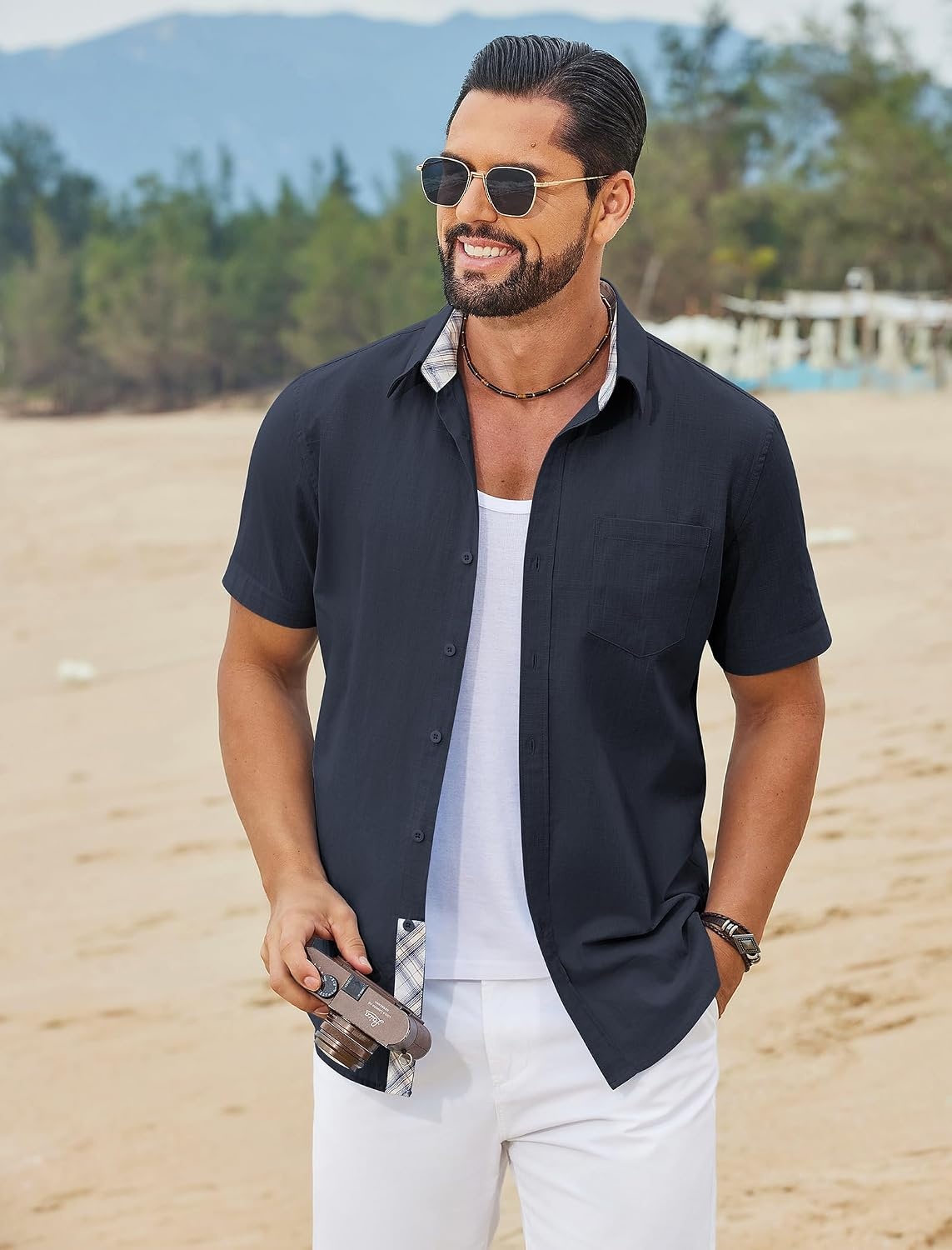 image:imageCOOFANDY Mens Button Down Shirts Short Sleeve Casual Cotton Shirts Summer Beach Wedding Shirt with PocketNavy Blue