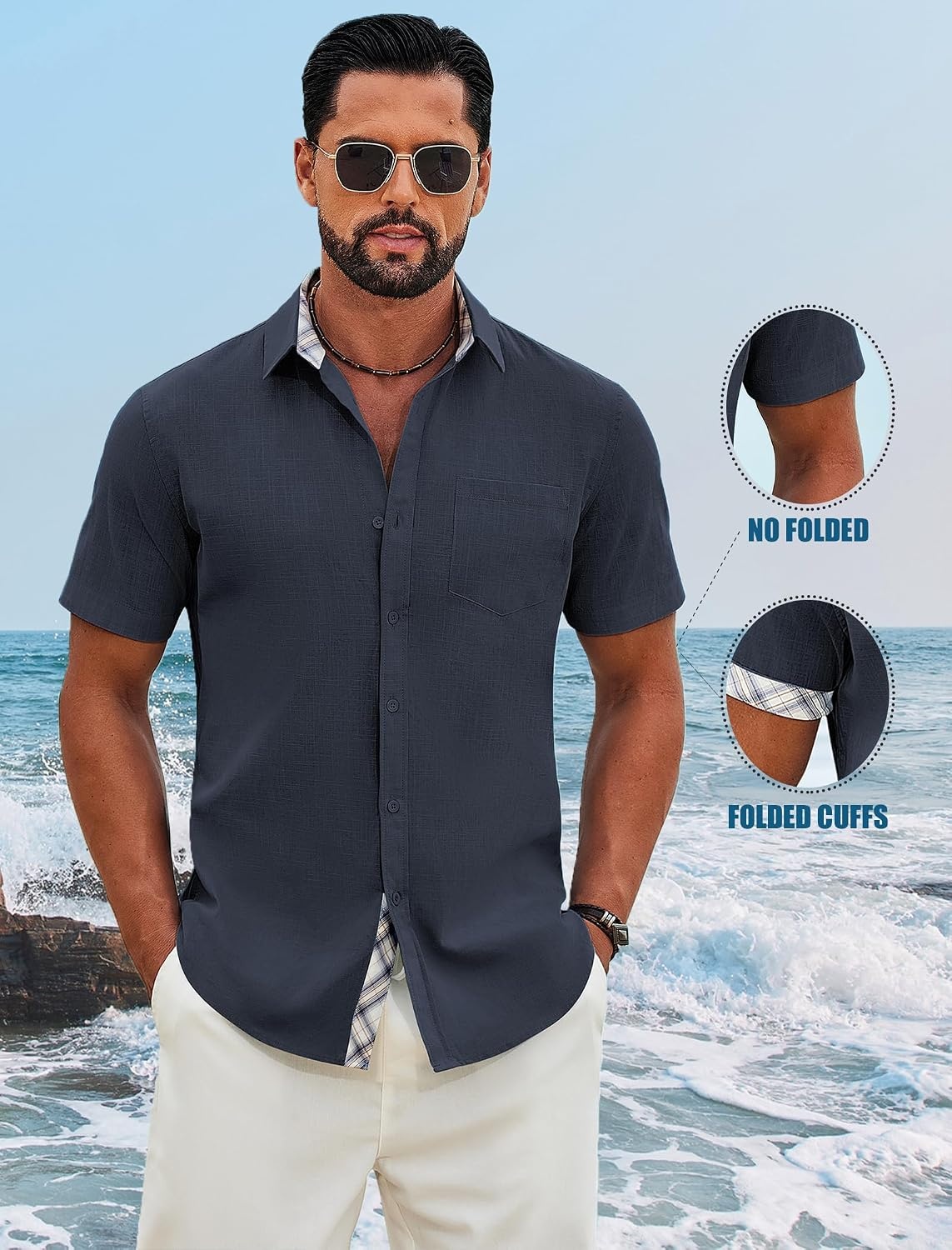 image:imageCOOFANDY Mens Button Down Shirts Short Sleeve Casual Cotton Shirts Summer Beach Wedding Shirt with PocketNavy Blue